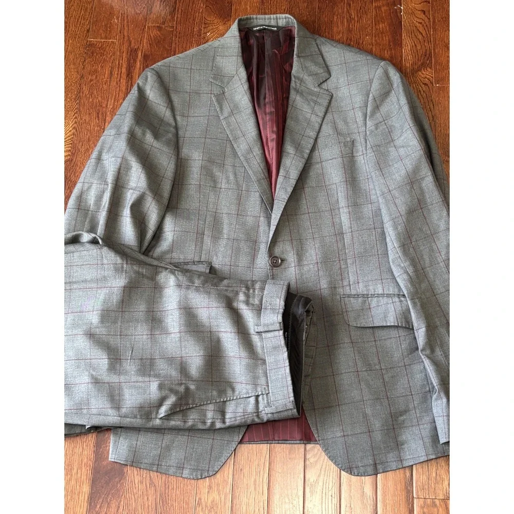 Coppley Grey Windowpane Suit Tollegno Super 120s Wool 42R W33x35 Made Canada